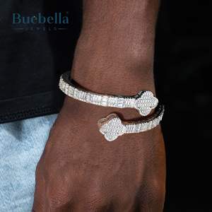 7mm 14K White Gold 925 Sterling Silver VVS Moissanite Diamond Iced Four Leaf Clover <b>Baguette</b> Cut Bangle For Men - Product Image 2