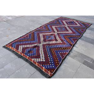 Alfombra de lana roja y negra étnica hecha a mano de 5,4x11 pies, alfombra turca para sala de estar, látex para casa con rectángulo a rayas de retazos - Product Image 2