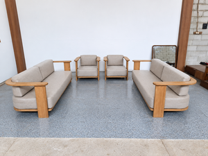 Ensemble de canapés en bois d'extérieur modernes, meubles de jardin avec coussins beiges et tables d'accoudoirs - Product Image 4