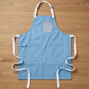 Tablier en toile bleu clair, résistant, réutilisable, avec 3 poches, lavable en machine, pour la cuisine et l'usage quotidien - Product Image 1