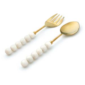 Wite Resin Beads Handle Gold Plated Salad Serving Sets Tableware Shiny Finished Food Serving Salad Server - Product Image 1