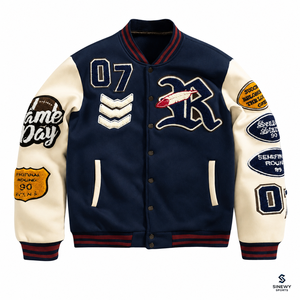 SINEWY SPORTS <b>Men's</b> Navy Varsity <b>Jacket</b> Embroidered Patch Design Preppy Style Cotton Shell Regular Fit Autumn Wear - Product Image 1