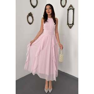 Robe rose poudré avec devant plissé et volanté - Rose poudré - Product Image 1