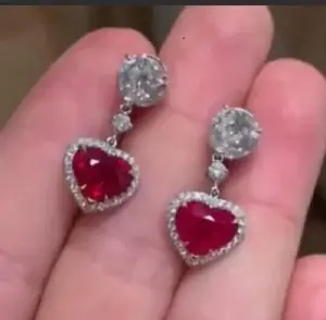 Pendientes colgantes/Gota de rubí rojo simulado con corte de corazón de 3,20 quilates, Joyería de diamantes chapada en oro blanco de 14 quilates - Product Image 2