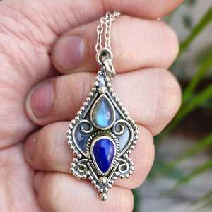 Collier en labradorite et lapis-lazuli, argent sterling 925, bijoux faits à la main avec perle, cadeau unique pour elle, anniversaire - Product Image 2