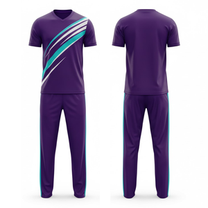 <b>Top</b> Selling Purple Cricket Uniform Mens Sublimated Breathable Purple and Cyan Wave <b>Slash</b> Cricket Jersey and trouser Set - Product Image 3