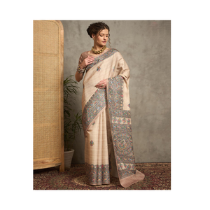 Saree élégant en soie Tussar beige avec Zari Pallu classique, parfait pour les fêtes - Product Image 4
