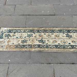 Turkish Vintage Rug, 1.4x4.6 ft Small Rug, <b>Brown</b> Blue Abstract <b>Wool</b> Rug - Product Image 3