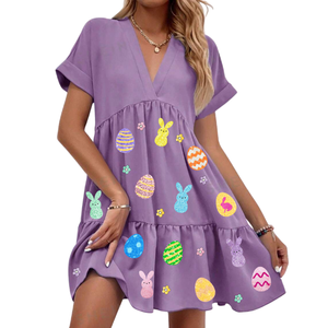 Robe décontractée personnalisée pour Pâques, avec des lapins mignons, des patchs à paillettes, à thème, pour femmes et filles, ample, mi-longue, respirante, printemps/été 2026 - Product Image 4