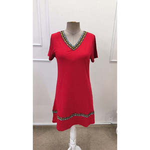 Women's Short-Sleeved V-Neck Ethnic Patterned <b>Viscose</b> <b>Dress</b> with Stripe Detail, 36477 - Red - Product Image 4