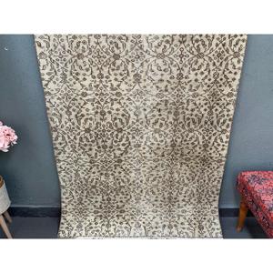 Turkish Vintage Rug, 3.7x6.3 ft Rug, <b>Brown</b> White Bordered <b>Wool</b> Rug - Product Image 2