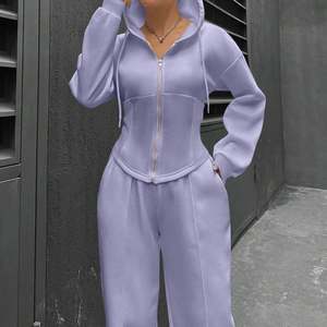 Women's Casual Two-Piece Baggy Streetwear Zipper Hoodie Wide Leg Sweat Pants Ripped Fashionable Oversized Full Length <b>Sets</b> - Product Image 2