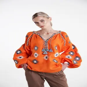 Bescheidene Frauen Bestickte ukrainische Blusen Lange Puff ärmel Frauen Kleidung Bluse Top