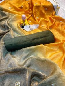 Telas de satén con relleno de primera calidad con brocas y trabajo de secuencia y borde de encaje con ribetes Saree con pieza de blusa Banglory para adultos - Product Image 6