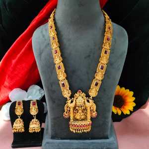 Look or Premium et Kundan Temple Look Long pendentif ensemble pour femmes Long collier rideaux magnifiquement sur Sarees, soie Lehengas - Product Image 1