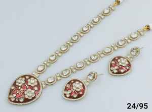 Latest Stylish <b>Gold</b> Plated Alloy Indian Fancy Traditional Minakari Pearl Long Necklace Earrings Set for Women Girls Wedding - Product Image 2