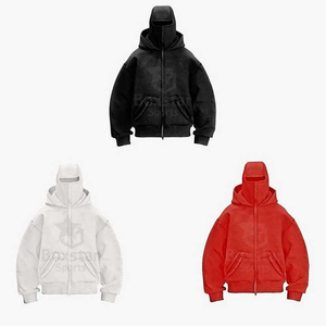 Nouveaux vêtements d'hiver Logo personnalisé lourd GSM goutte épaule Design élégant 100% coton surdimensionné hommes fermeture éclair sweats à capuche avec visage masqué - Product Image 4