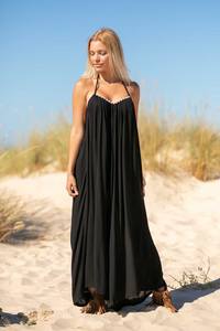 Nouveauté Boho Beach Hippie robe d'été robe longue en coton noir avec longues manches et motif floral longueur au sol - Product Image 4