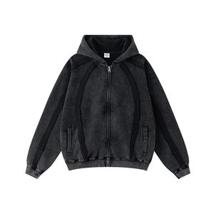 Streetwear Vintage Snow Wash Patchwork Zipper Hoodie avec doublure polaire - Product Image 1