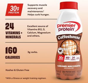 Batido de Proteína Premier Protein COFFEEHOUSE Caramel Macchiato con Cafeína para Energía – 30 g de Proteína, 11.5 fl oz, Paquete de 12 - Product Image 4