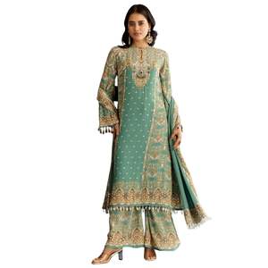 Luz verde agua crepe impreso Kurta Palazzo con Dupatta al por mayor mujeres Ropa Étnica OEM fábrica de ropa proveedor a granel - Product Image 1