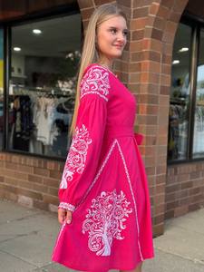 Exclusive Ukrainian Embroidered Full Balloon Sleeves Pink Color Knee Length Embroidery <b>Dress</b> Cheap Cotton Embroidered <b>Dress</b> - Product Image 5