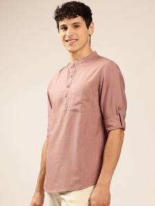 Hombres auto rayas Zari hilo trabajo mandarín collar Kurta corto Kurta Poliéster Viscosa manga larga dobladillo curvo Kurta para hombres - Product Image 4