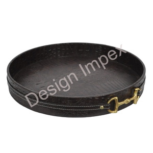 Bandeja ecuestre redonda recubierta de cuero Asas de estribo de caballo dorado Bandeja ecológica Bandejas decorativas de alto estándar para servir Ventas - Product Image 2