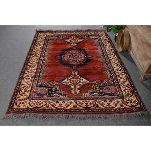 Traditional Red Black Vintage <b>Turkish</b> <b>Rug</b> 5.4 X 6.9ft Large Area Wool Latex Backing Patchwork Abstract Pattern for Hallway Room - Product Image 1