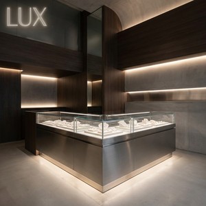 ตู้โชว์เครื่องประดับสแตนเลสสองสีคุณภาพสูง LUX ดีไซน์ทันสมัยหรูหรา ตู้โชว์เครื่องประดับสั่งทำพิเศษ ออกแบบ 3 มิติ สำหรับร้านค้าหรู - Product Image 5