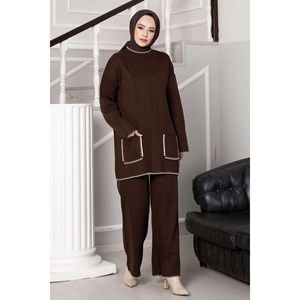 Ensemble 2 pièces en maille marron femme avec poche cousue berger - Product Image 2