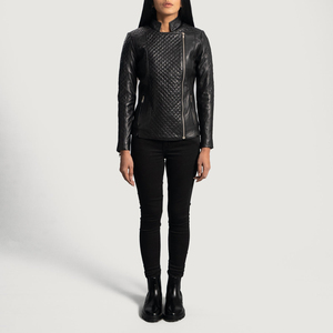 Women's Genuine <b>Leather</b> Quilted Moto <b>Jacket</b> Stand Collar Full Sleeve Zipper Closure Black Autumn Style - Product Image 1