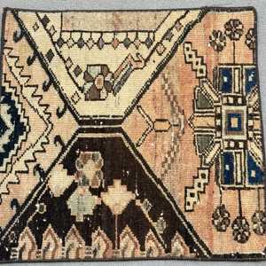 Turkish Vintage Rug, 1.8x1.8 ft Small Rug, <b>Brown</b> Beige Southwestern <b>Wool</b> Rug - Product Image 3