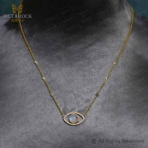 Pavé Diamant 14k Or Evil Eye Pendentif Collier Naturel Arc-En-Lune Pierre Bijoux À La Main Chaîne Collier Nouveau Design - Product Image 5