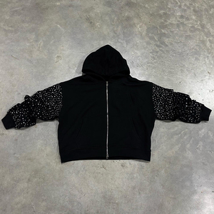 เสื้อมีฮู้ดสำหรับผู้ชายเสื้อฮู้ด100% ผ้าฝ้ายโอเวอร์ไซส์แบบกำหนดเองมีซิปประดับพลอยเทียมสำหรับผู้ชาย - Product Image 3