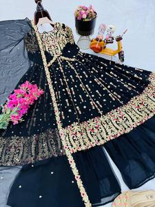 Traje de fiesta de boda, Top DE TRABAJO bordado de secuencia de codificación pesada y Palazzo con Dupatta de encaje bordado con tela Georgette de imitación - Product Image 4