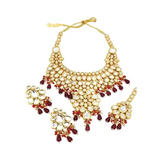 Ensemble de collier de mariée en Kundan plaqué or 24 carats pour femmes et filles, bijoux fins avec zircon pour mariage - Product Image 5