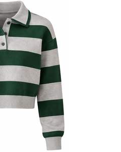 Suéter Corto Tipo Polo a Rayas Verde y Gris para Mujer, con Botones, Manga Larga, Tejido Suave, Informal, para Invierno, Prenda de Moda - Product Image 4