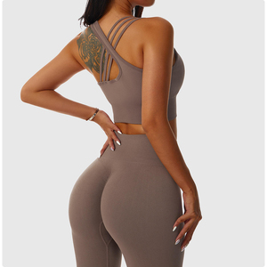 Ensemble de leggings et soutien-gorge de sport sans couture à taille haute pour femme, avec bretelles spaghetti, décoration en maille, respirant, en Spandex/Nylon, maintien élevé - Product Image 4