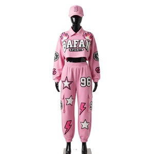 <b>Women</b> crop <b>top</b> shirt and pant high quality cotton polyester <b>fleece</b> GSM soft pink oversized custom heat print logo <b>Women's</b> Sets - Product Image 1