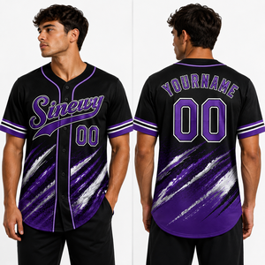 Maillot de baseball Sinewy personnalisé avec nom et numéro, violet et noir, sublimé, anti-humidité, unisexe, adulte, manches courtes - Product Image 5