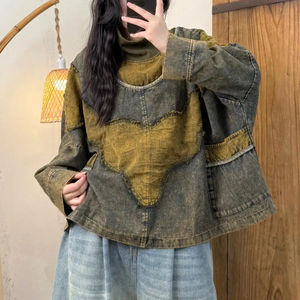 Printemps Automne Nouveaux Arts Style Femmes Manches Col Roulé Pulls Coton Denim Vintage Patchwork Lâche À Capuche Manteau - Product Image 1