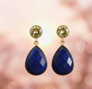 Aretes de Plata Esterlina 925 al por Mayor, Chapados en Oro de 18K, con Amatista Verde Redonda de 8mm y Lapislázuli Natural en Forma de Pera de 15×20mm, 4.5 Pulgadas, 15g - Product Image 1