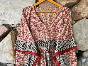 Kaftan de algodón 100% hecho a mano, Verano Indio, manga larga, hasta el suelo, cubierta de Bikini, cuello en V, estampado de bloques, ropa de dormir, cintura Natural - Product Image 4