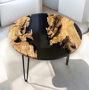 Table basse ronde en résine époxy, plateau en bois à bord vif, pièce maîtresse unique, table basse moderne artisanale - Product Image 1
