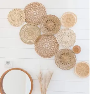 Set Handwoven Straw Plate Seagrass Wall Arts Hangings Baskets Decorations Handmade New Year Round Antique Natural Items for Home