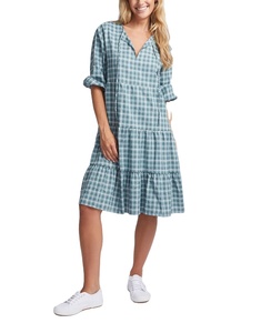 2026 Stylish Boho-inspired <b>A</b>-<b>line</b> Silhouette V-neck Plaid <b>Pattern</b> Knee-length Blouse Featuring Curved Front Yoke Soft Gathering - Product Image 1