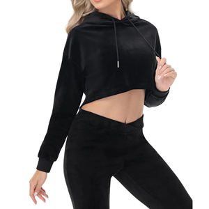 Custom Women's <b>Hoodie</b> Cropped <b>Black</b> Velour Sweatshirt Wholesale Manufacturer Logo Pullover <b>Plain</b> Solid Blank Heavyweight Badge - Product Image 3
