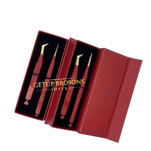 Nouvelles pinces à extensions de cils russes à volume, revêtement en poudre rouge, pointe dorée longue et droite, différents motifs de découpe, outils de beauté - Product Image 2
