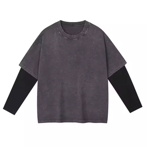 Imprimé personnalisé 300 GSM poids lourd double couche à manches longues hommes 100% coton imprimé graphique Streetwear T-Shirt avant tricoté - Product Image 1